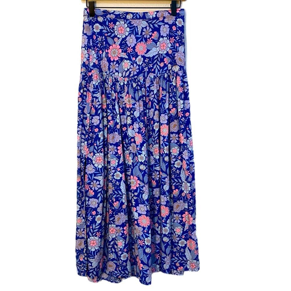 Abel The Label Anthropologie Blue Pink Floral Maxi Skirt - Flowing Boho Style